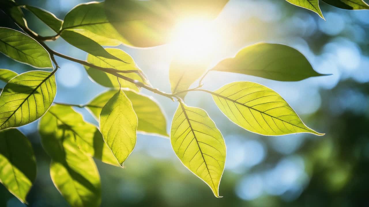 Sunlight filters through vibrant green leaves, captured from a low-angle, creating a serene