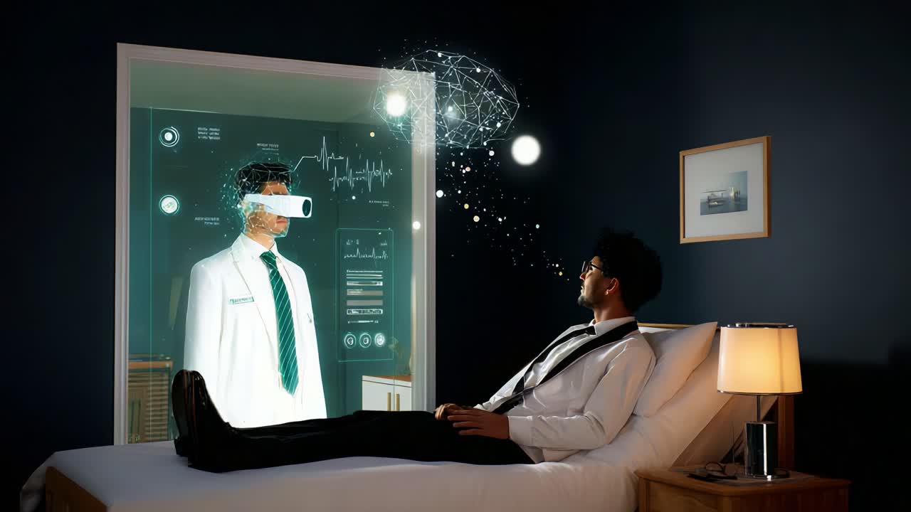A futuristic scene featuring a patient interacting with a holographic doctor through virtual reality, showcasing advanced technology, healthcare innovation, and immersive experiences in medicine