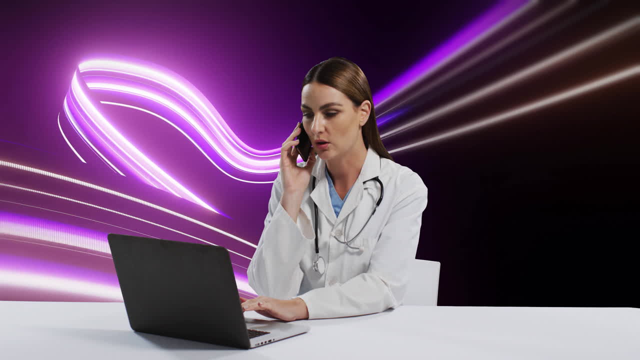 Doctor wearing stethoscope multitasking smartphone and laptop amid neon waves for telemedicine