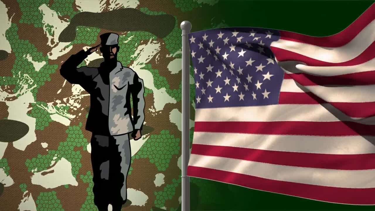 Animation of american flag over soldier saluting and camouflage background