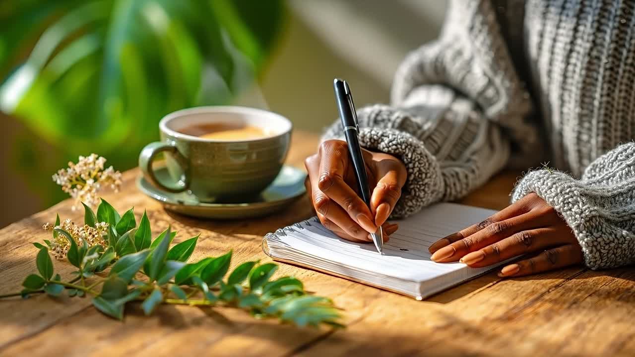Una persona che scrive su un quaderno accanto a una tazza di caffè