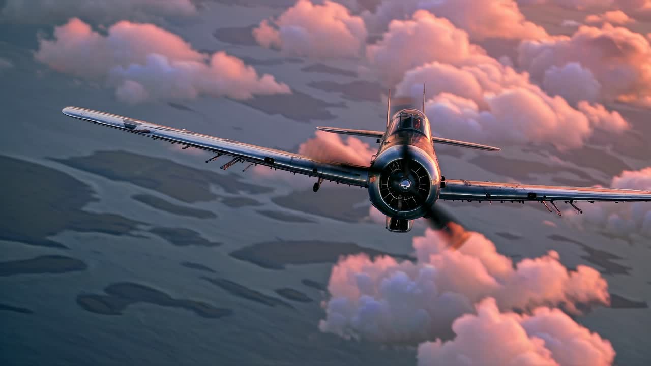 Aerial video shot of a vintage plane flying through pink clouds at sunset, captured from a rear