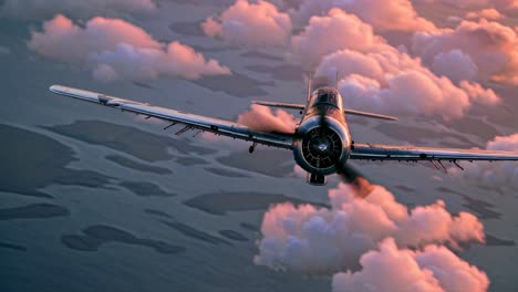 aerial video shot of a vintage plane flying through pink clouds at sunset, captured from a rear