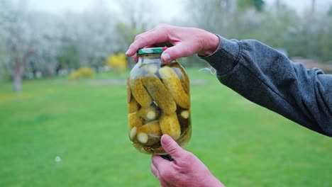 man presents homemade winter pickles in large jar outside in green spring meadow