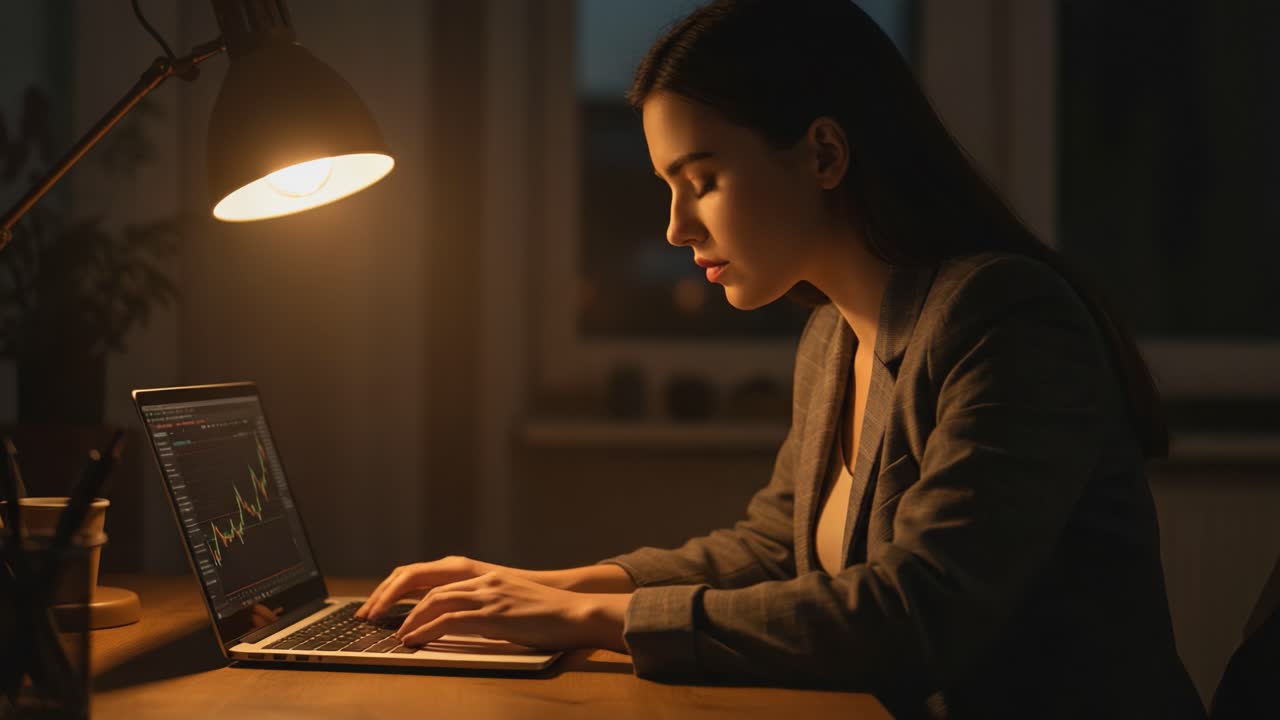 Focused Professional Analyzing Market Trends on Laptop Late at Night Under Warm Desk Lamp Light in Quiet Workspace Setting