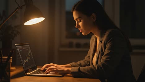 focused professional analyzing market trends on laptop late at night under warm desk lamp light in quiet workspace setting