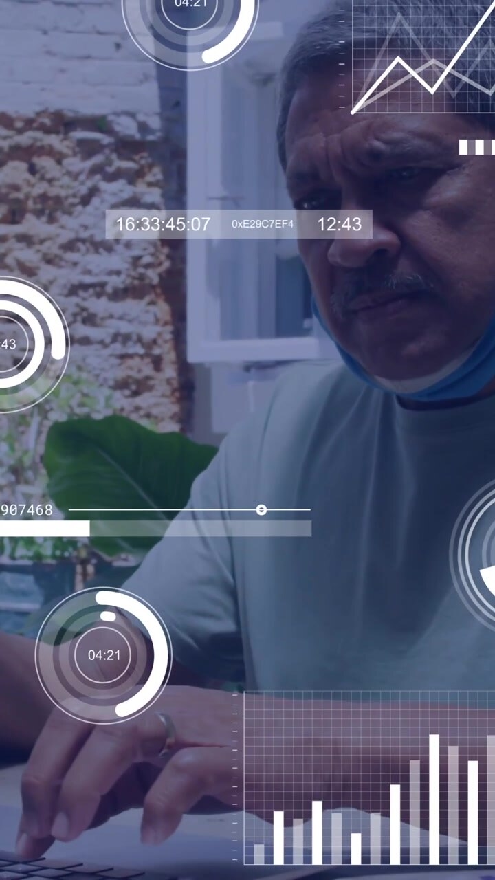 Using laptop, man analyzing data with animation graphics in outdoor setting
