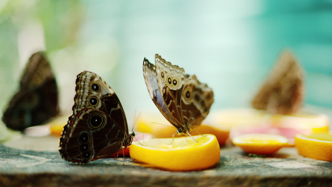 Multiple butterflies eating nectar from slices of oranges and grapefruits