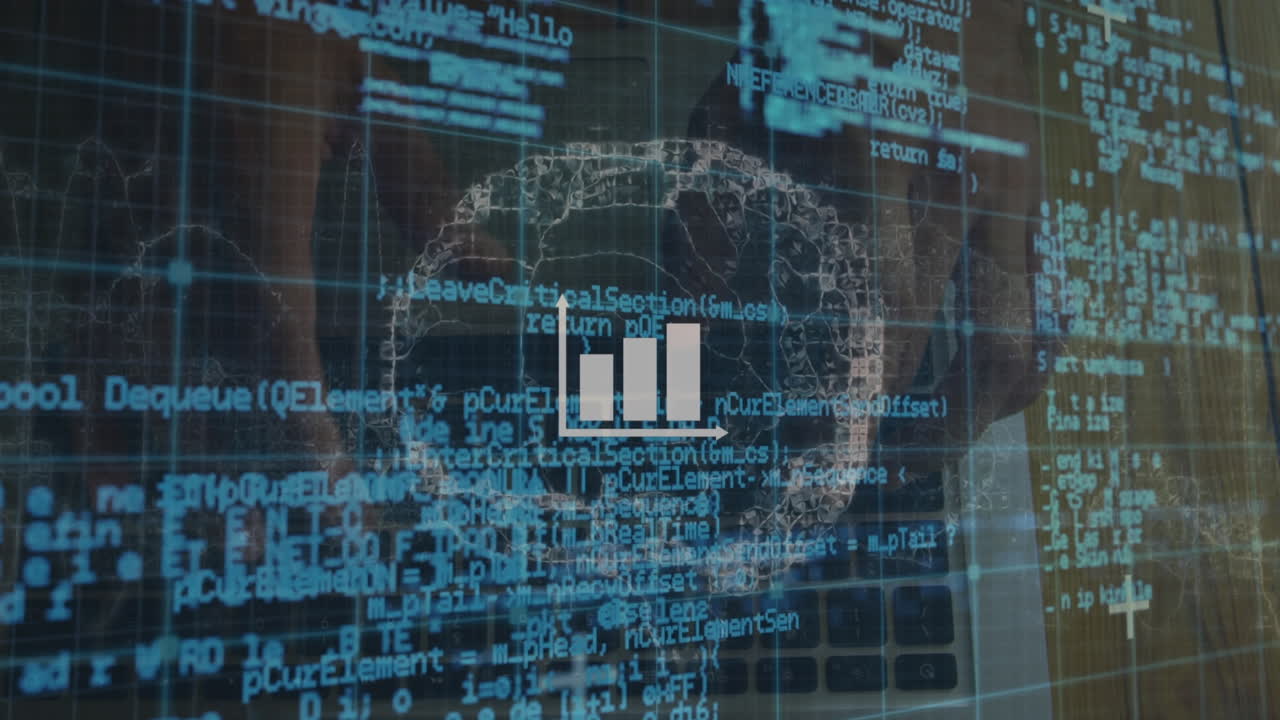 Animation of graph over computer language, human brain, cropped hands of caucasian man using laptop