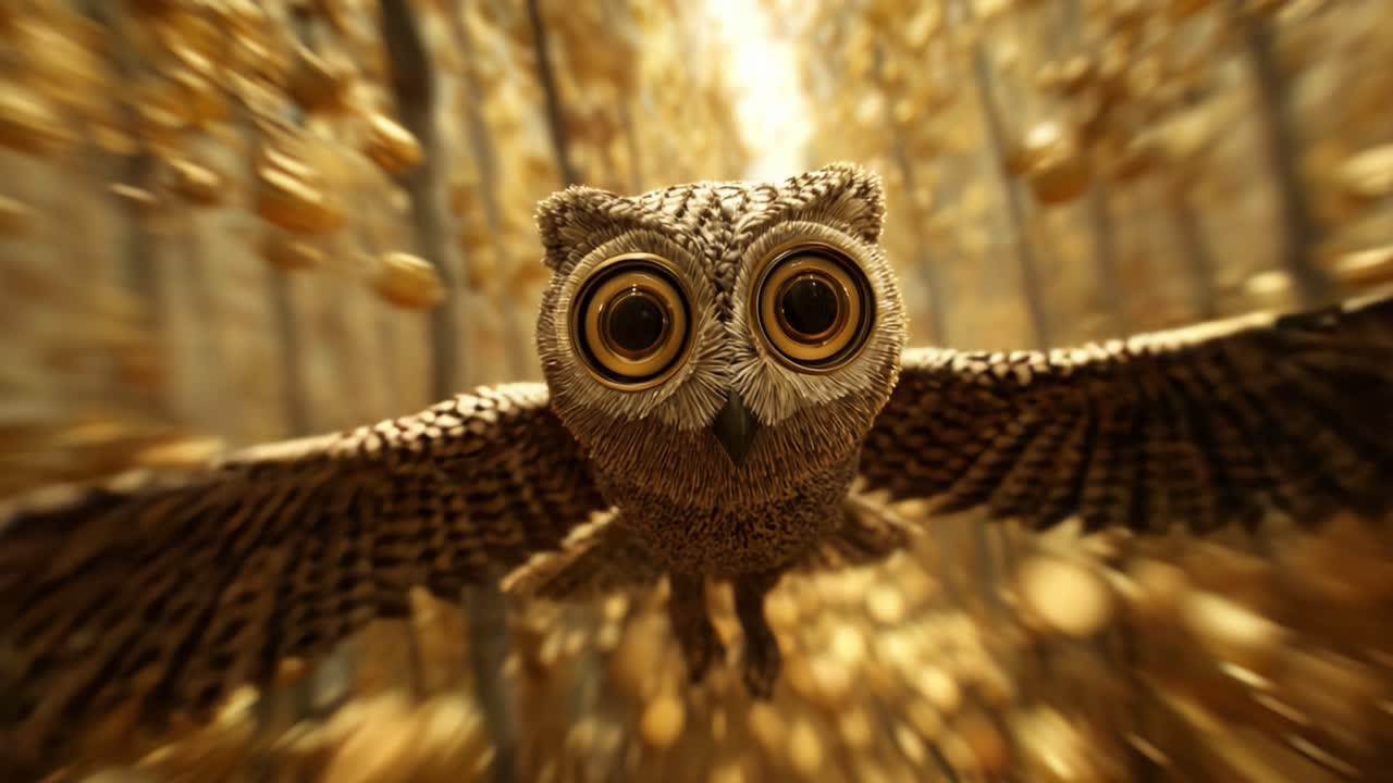 A Majestic Owl in Flight: An Enchanting Journey Through a Golden Forest Boulevard Captured in Stunning Visuals