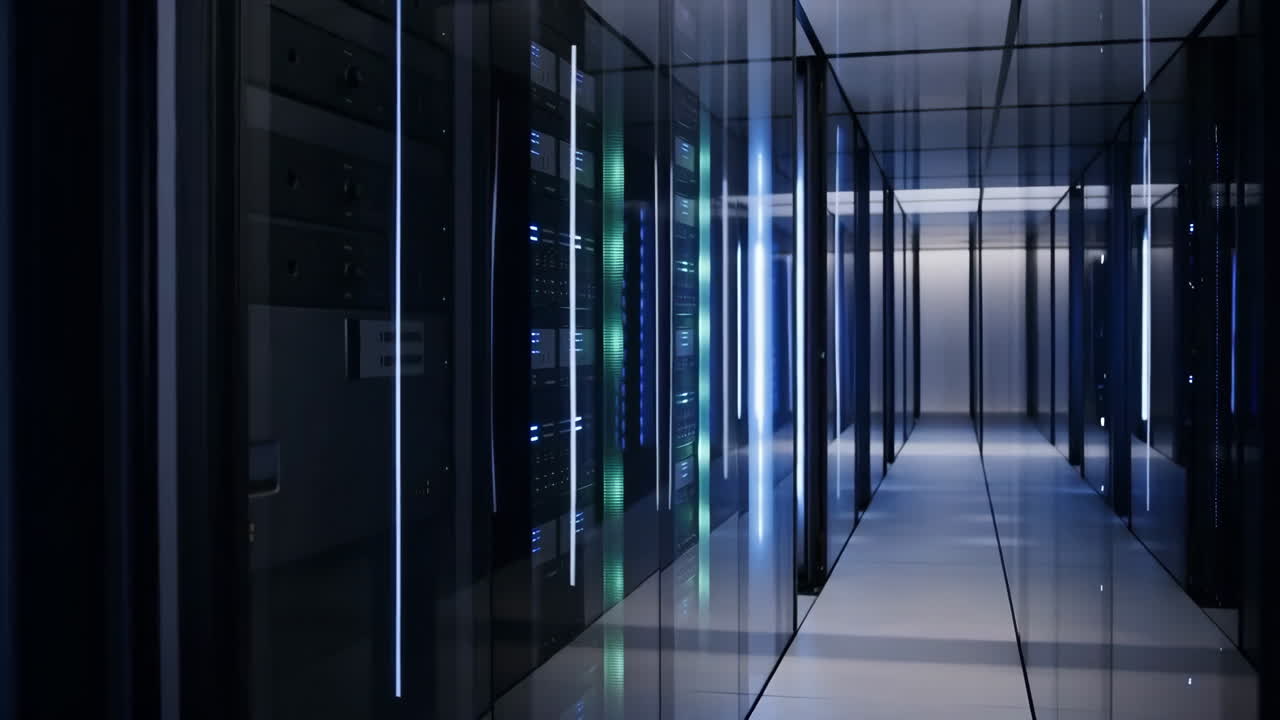Modern Data Center Server Room with Glowing Racks