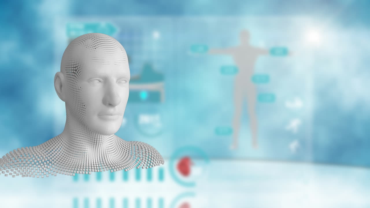 animación de partículas que se unen para formar un modelo 3d de una persona