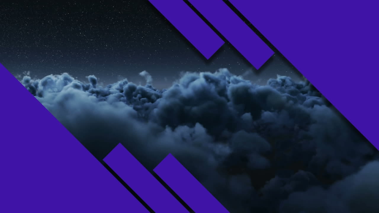 Animation of purple rectangles moving over grey clouds in grey sky