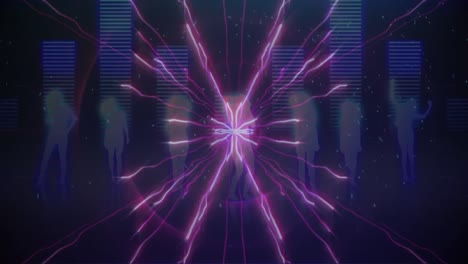 Animation-of-glowing-spots-and-light-trails-with-graphic-music-equalizer-moving-and-people-dancing