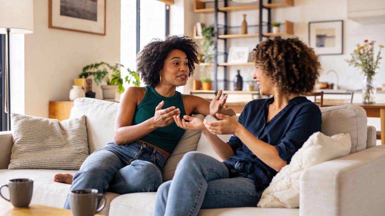 Talking left woman sharing story, friend replying, leaning on home sofa casually dressed, with mugs
