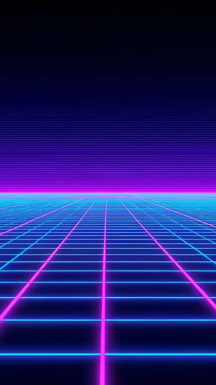 Vertical video: On playback start, neon grid floor extending toward horizon under gradient sky