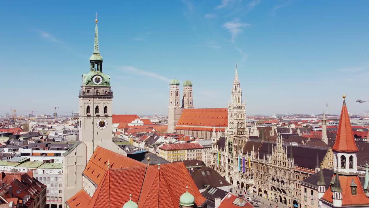Red rooftops of historical buildings of Munich downtown, aerial view