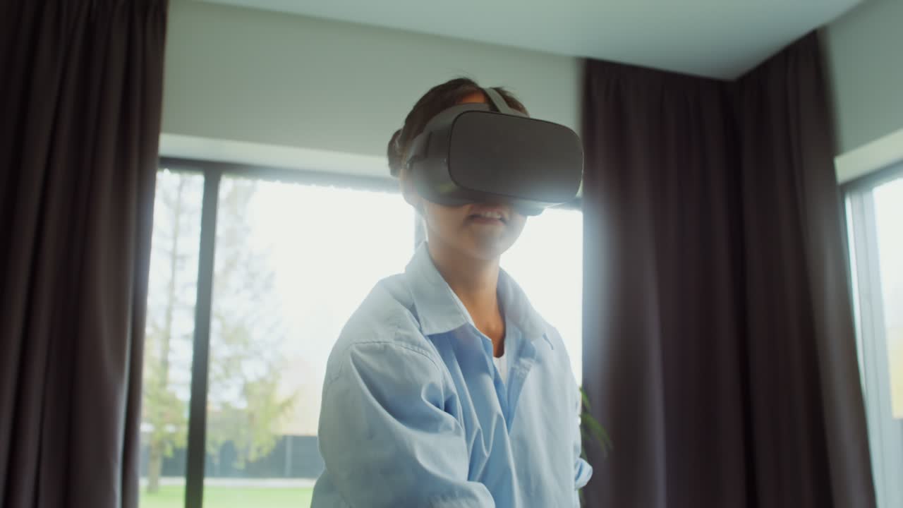 Woman Experiencing Virtual Reality in Modern Living Room