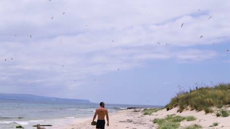 joven caucásico caminando en la playa de arena a orillas del mar con pájaros de gaviota volando por encima, pan hacia arriba
