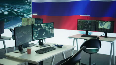 empty army command post with the russian flag running on big screen