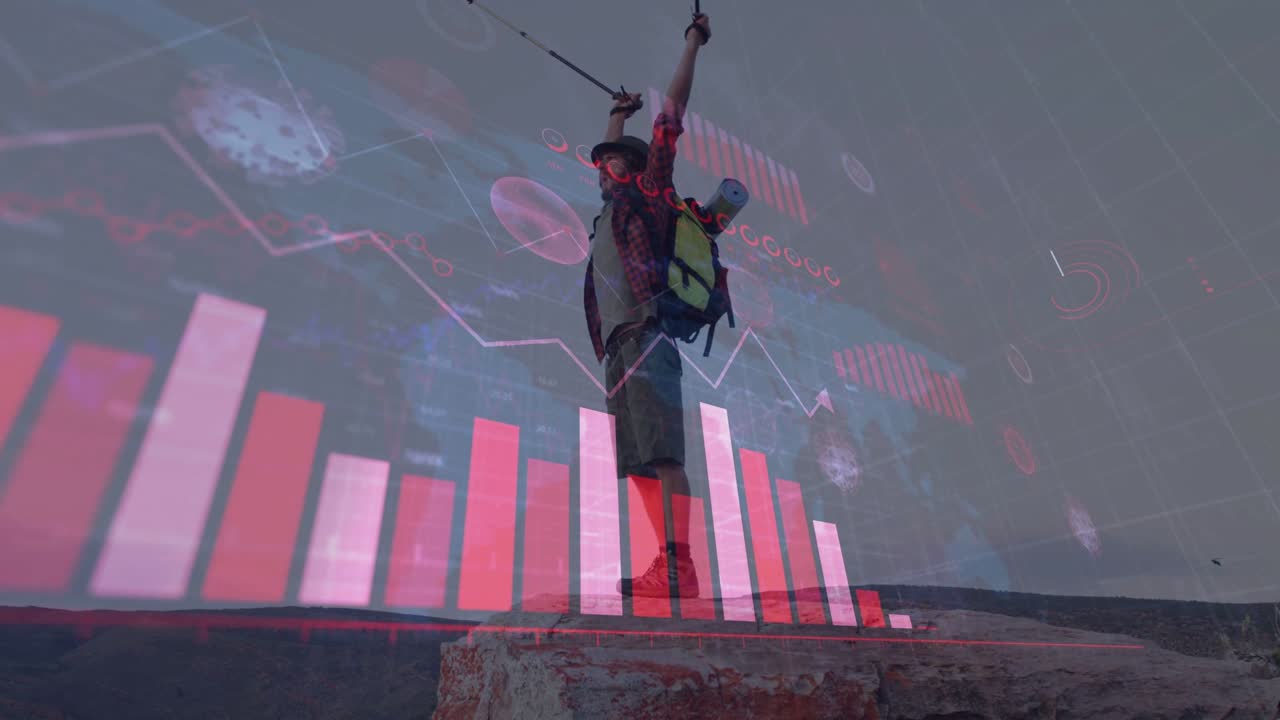 Hiker reaching ledge, stopping and planting pole, cheering while finance bars growing around him
