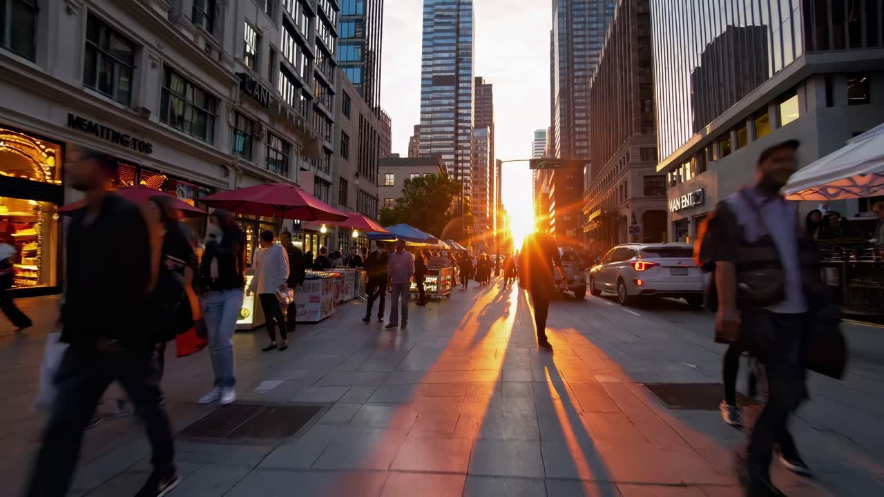 Un video grandangolare a livello della strada cattura la vivace vita cittadina al tramonto, con lunghe ombre e colori vibranti.