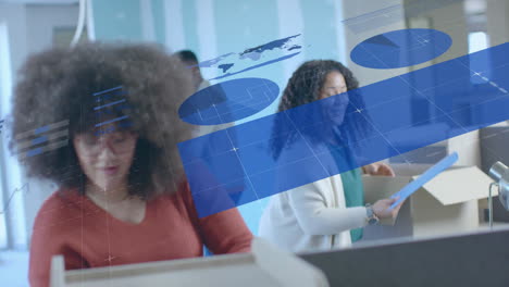 animation of financial data processing over diverse business people in office