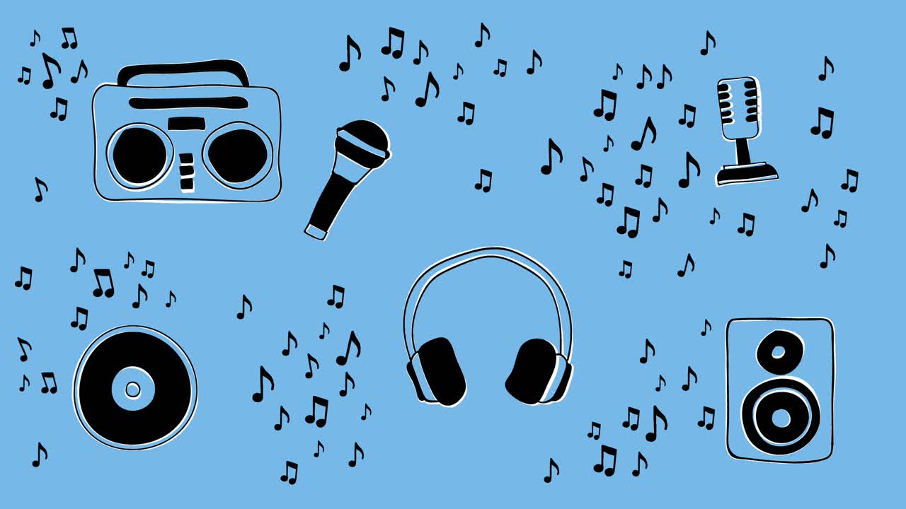 Animação em loop de equipamento musical cercado por notas musicais em um fundo azul