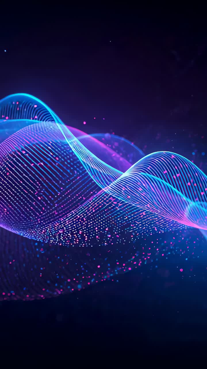 Vertical video: Opening neon waveform uncoiling across navy void, cascading magenta, cyan particles