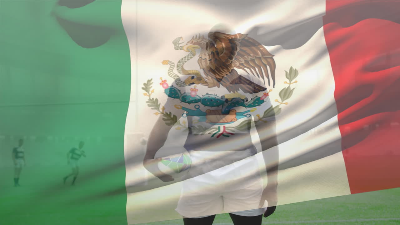 Animation of mexican flag waving and african american male player with rugby ball standing on ground