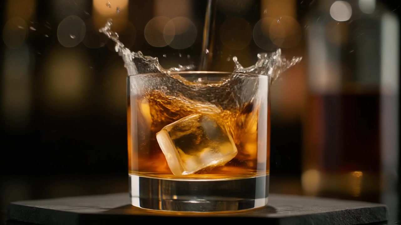 Cubetto di ghiaccio che cade in un bicchiere di whisky con uno schizzo