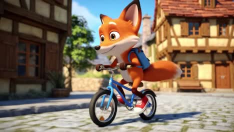 a playful animated fox joyfully riding a bicycle through a charming village, showcasing vibrant colors and whimsical architecture in the delightful outdoor scene