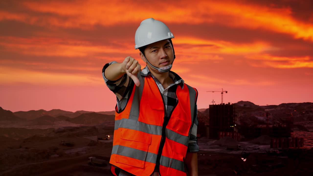 trabajador de la construcción dando pulgares hacia abajo al atardecer