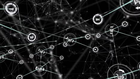 animation of network of connections and digital icons against black background