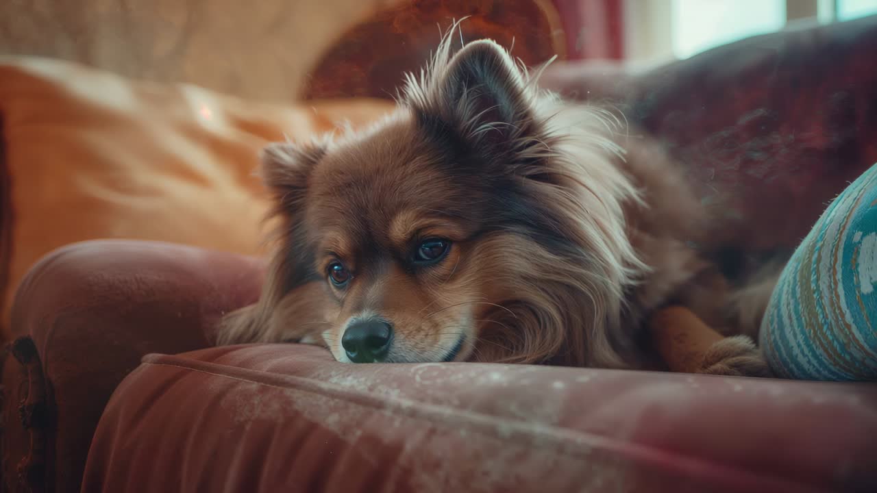 Resting spitz dog closing and opening eyes on reddish-brown couch at home, reacting to window light