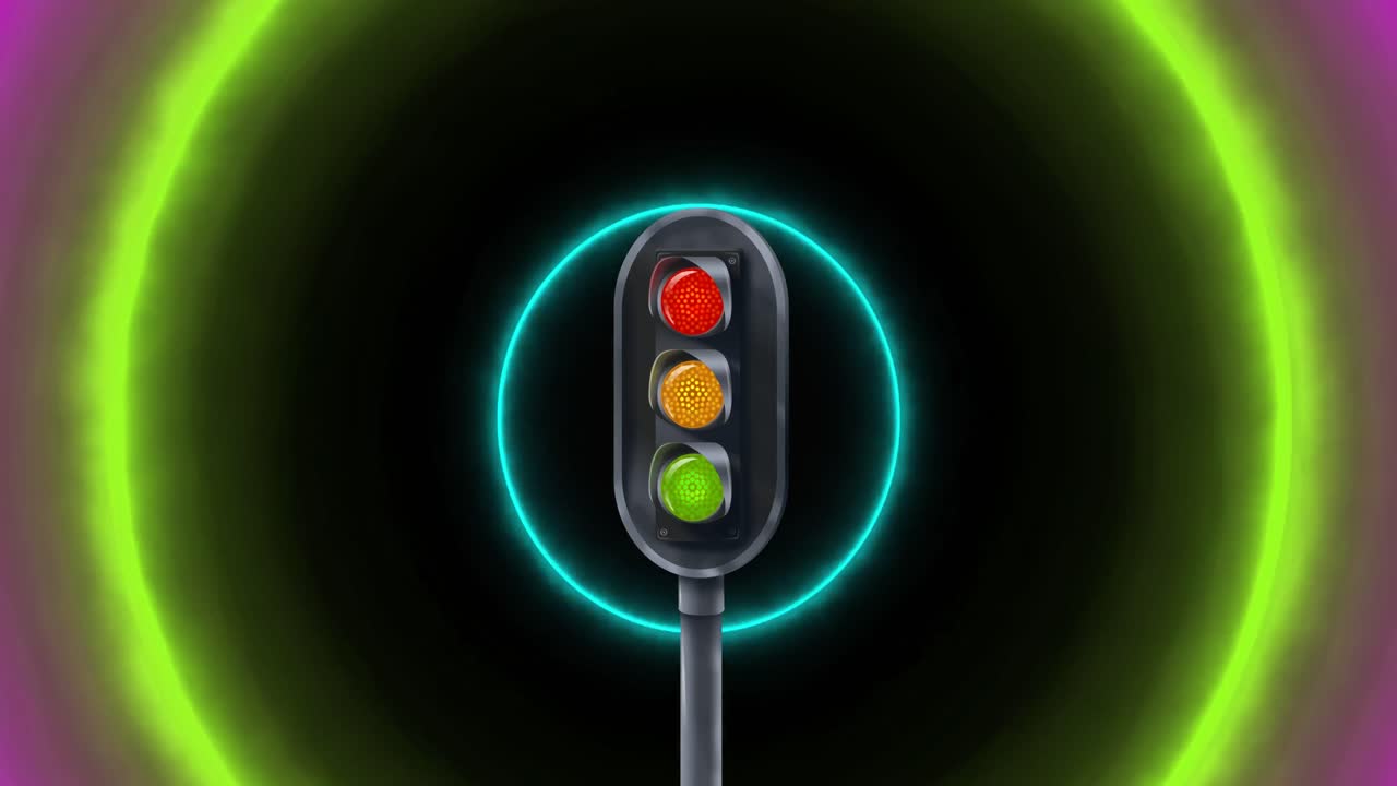 animación de un semáforo sobre círculos de neón que se mueven sobre un fondo negro