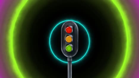 Animation-of-traffic-light-over-neon-circles-moving-on-black-background