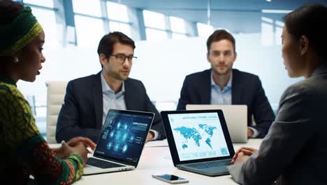 a dynamic business meeting showcasing global data analysis and technological collaboration among professionals in a modern conference room