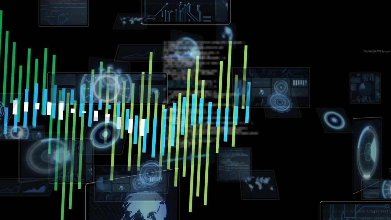 Solid black field appearing triggers data bars emerging and panels fading to visualize trends