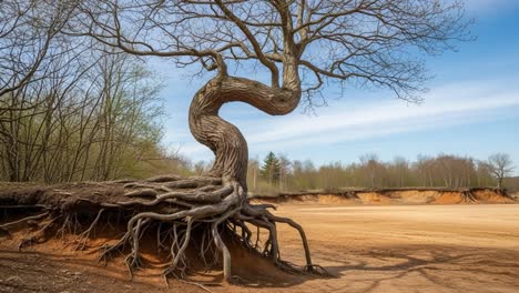 a strikingly twisted tree emerges from sandy soil, showcasing its intriguing root system against a clear blue sky and lush greenery in the background