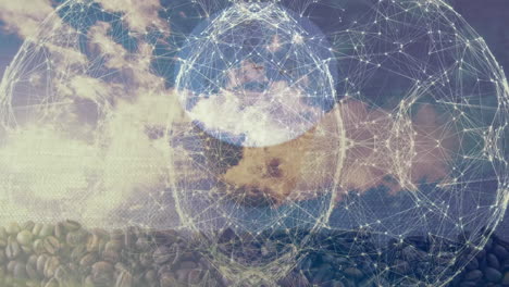 central network sphere floating above coffee cup, blending coffee beans with cloudy sky, 3d render