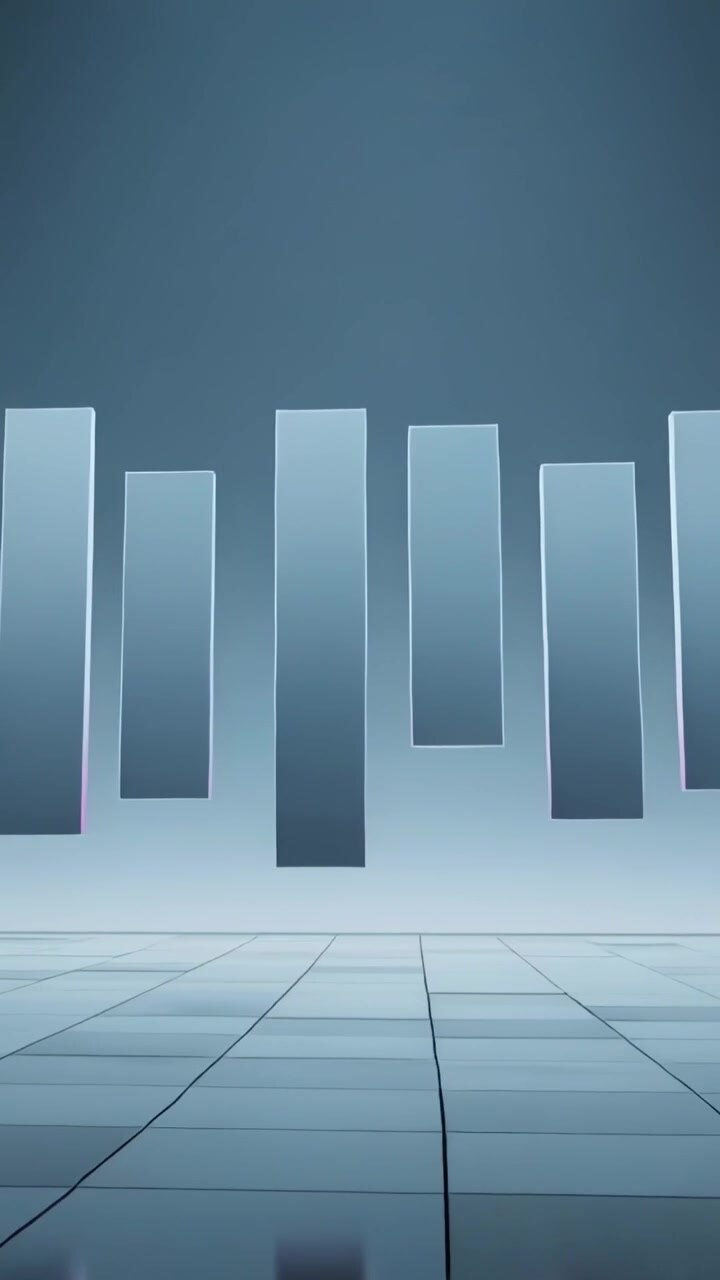 Vertical video: Shifting glass panels moving over studio floor, camera drift making wave motion