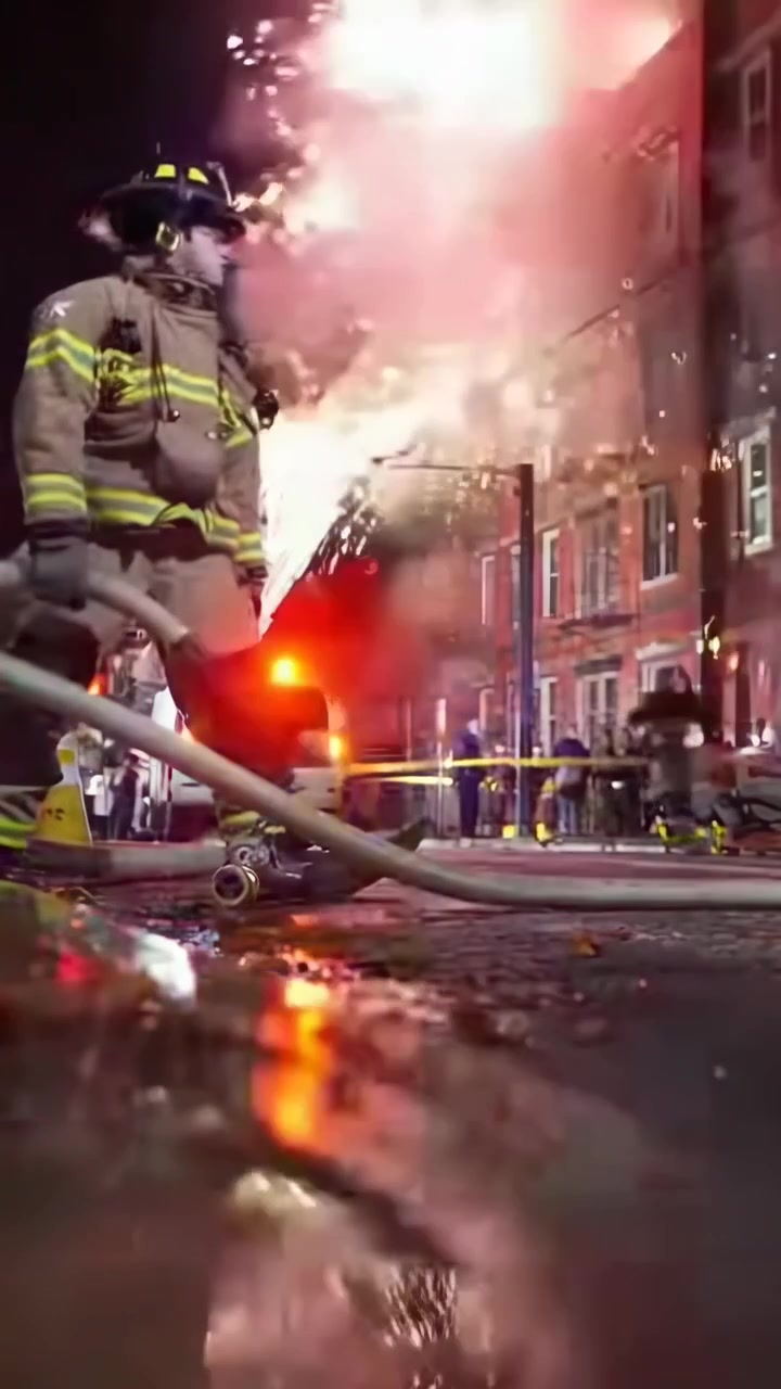 Firefighter Using Power Saw at Nighttime Building Fire