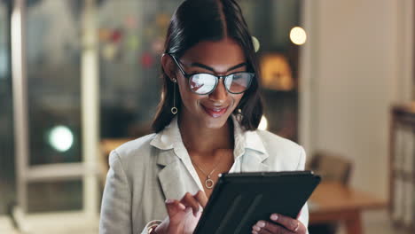 tablet, reflection and woman in office