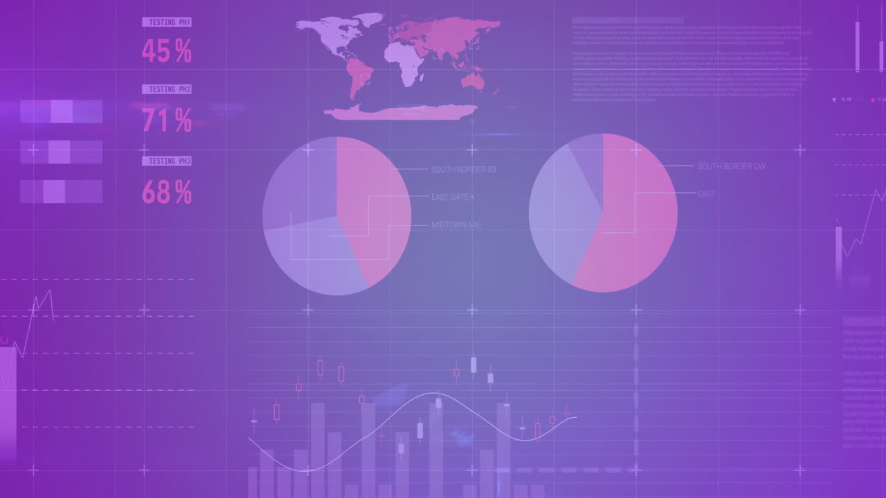 Displaying data analysis, graphs and charts over world map in purple tones animation
