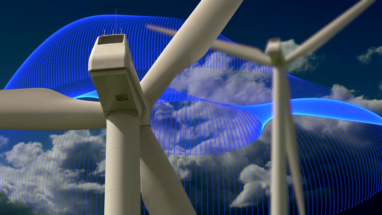 컴퓨터 애니메이션 배경으로 회전하는 풍력 터빈