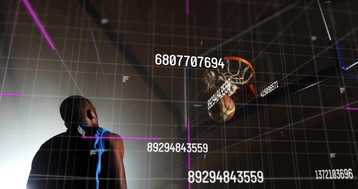 Athlete shifting stance at free-throw activating sports analytics overlay tracking shot arc swish