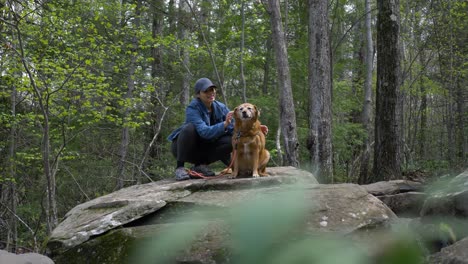 active puerto rican female petting family dog sitting on rock boulder in woodland forest