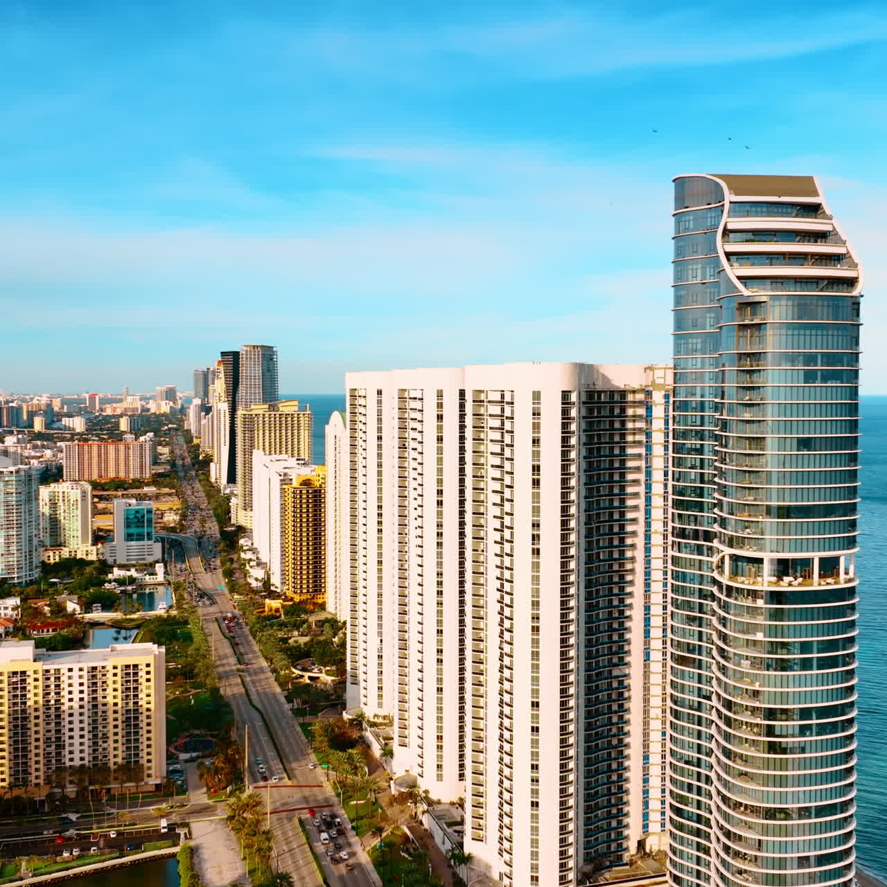 Architettura di grattacieli che si staglia sulla costa dell'Oceano Atlantico. Vista di Miami Beach, Florida, USA dall'alto.