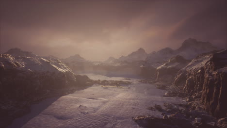 serene winter landscape at dawn with snow covered mountains and hills